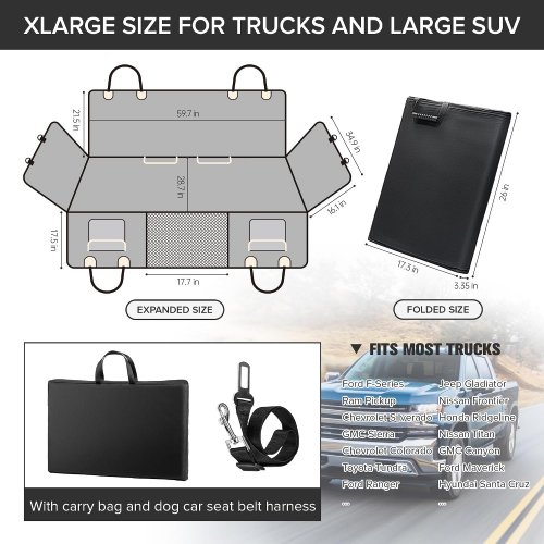 SHARLOVY XL TRUCK BACK SEAT EXTENDER FOR DOGS - HARD BOTTOM SEAT COVER, WATERPROOF - FOR LARGE PICKUP TRUCKS, F150, RAM 1500 & LARGE SUV (59.7" X 28.7") - BLACK image 2
