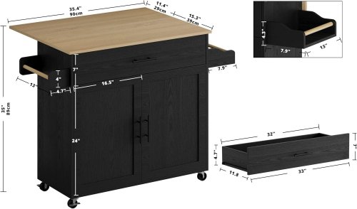 IRONCK ROLLING KITCHEN ISLAND TABLE WITH DROP LEAF TOP - 35" X 27" X 35" - BLACK - (MODEL: KC-KD-01) image 2