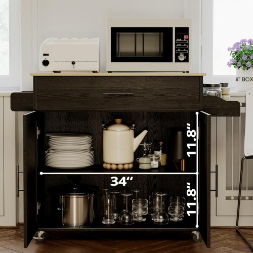 IRONCK ROLLING KITCHEN ISLAND TABLE WITH DROP LEAF TOP - 35" X 27" X 35" - BLACK - (MODEL: KC-KD-01) image 3