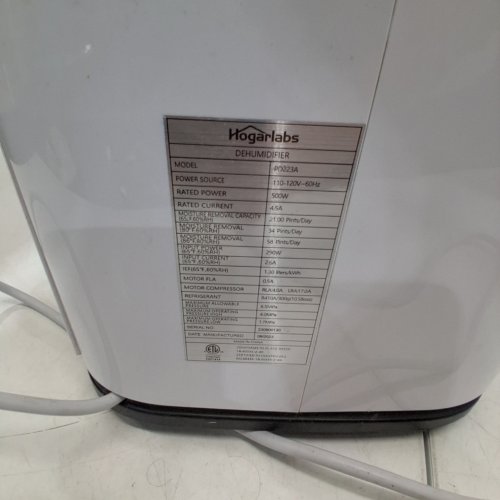HOGARLABS DIGITAL DEHUMIDIFIER WITH OVERFLOW PROTECTION - 4500SQ.FT COVERAGE / 1.8GAL TANK - WHITE (MODEL: PD223A) image 9