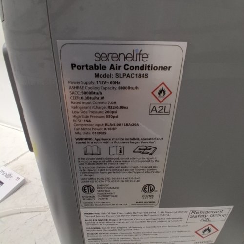 SERENELIFE PORTABLE AIR CONDITIONER - 300 SQ. FT. - 8000 BTU/H, 115 V - GREY (MODEL: SLPAC184S) image 3