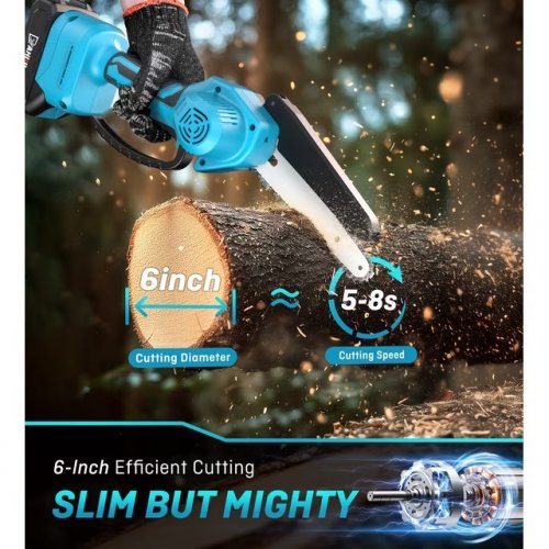 YAHHU PORTABLE ELECTRIC CORDLESS MINI CHAINSAW WITH 2 BATTERIES - 6" 21 V, 2000 MAH - BLUE & BLACK image 2