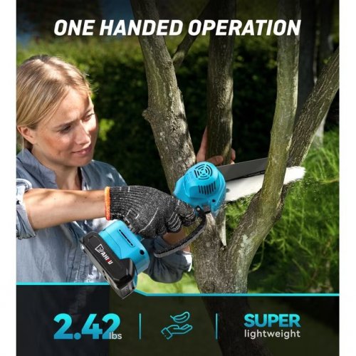 YAHHU PORTABLE ELECTRIC CORDLESS MINI CHAINSAW WITH 2 BATTERIES - 6" 21 V, 2000 MAH - BLUE & BLACK image 3