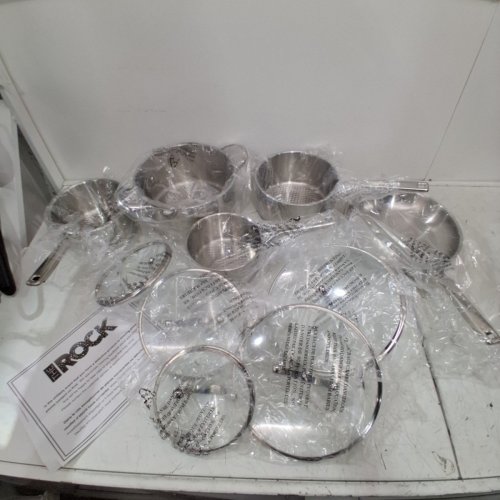 10PC STARFRIT THE ROCK PERFORMANCE STAINLESS STEEL COOKWARE SET WITH 3 SAUCEPANS, STOCKPOT & FRY PAN WITH LIDS - SILVER/SATIN FINISH (MODEL: 031124-001-0000) image 2