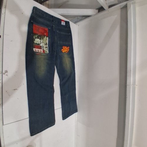 MEN'S JNCO VINTAGE STYLE GRAPHIC POCKET WIDE LEG JEANS - MEDIUM - WASHED OUT DARK BLUE image 3