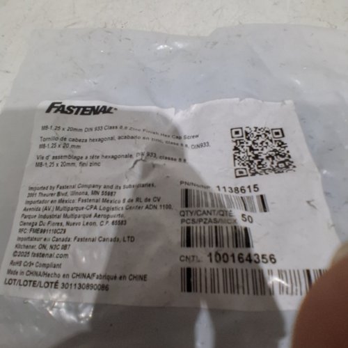 50PK FASTENAL DIN 933 CLASS 8.8 HEX CAP SCREW - M8-1.25 X 20 MM - ZINC FINISH (MODEL:1138615) image 2