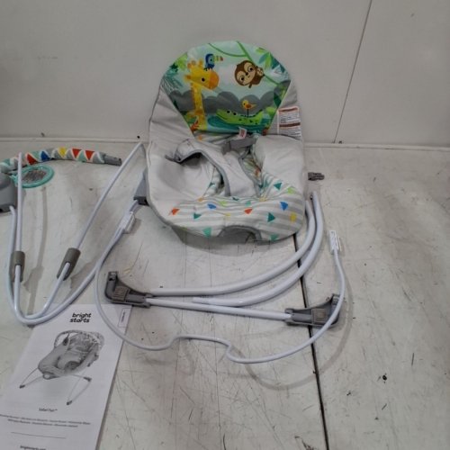 BRIGHT STARTS SAFARI FUN PORTABLE 3-POINT HARNESS VIBRATING BOUNCER WITH TOY BAR - SAFARI/MULTICOLORED (MODEL: 12204) image 5