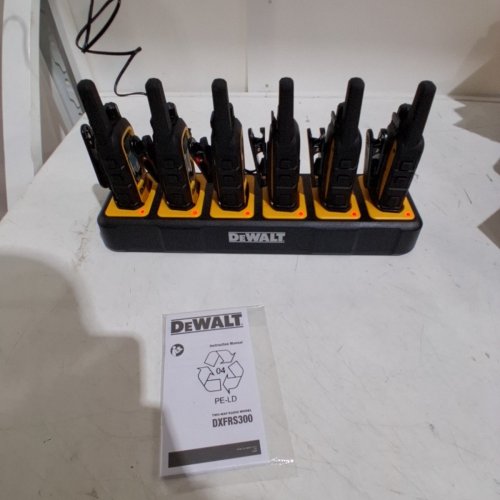 6PC DEWALT TWO-WAY RECHARGEABLE WALKIE-TALKIE RADIOS WITH CHARGING DOCK - UP TO 250,000SQ.FT - 22 PRESET CHANNELS - YELLOW/BLACK (MODEL: DXFRS300) image 2