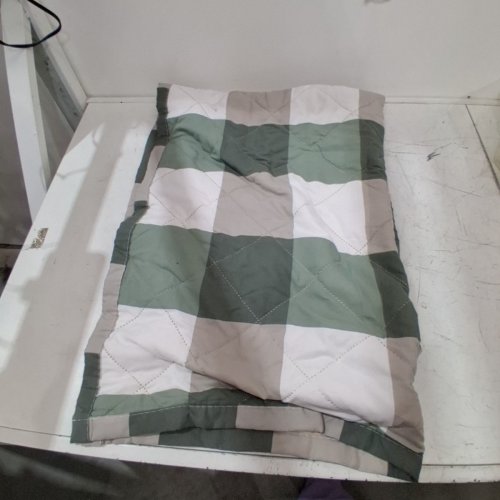 PLAID QUILTED BLANKET -38" X 56" - GREEN, GRAY AND WHITE image 2
