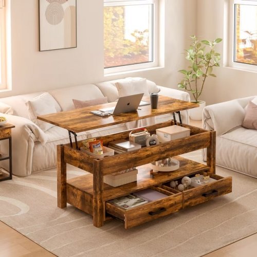 WOODEN CONVERTIBLE LIFT TOP COFFEE TABLE WITH 2 DRAWERS - 41.7" X 19.3" X 24.4" - BROWN WOOD TONE (MODEL: CT001-NR) image 2