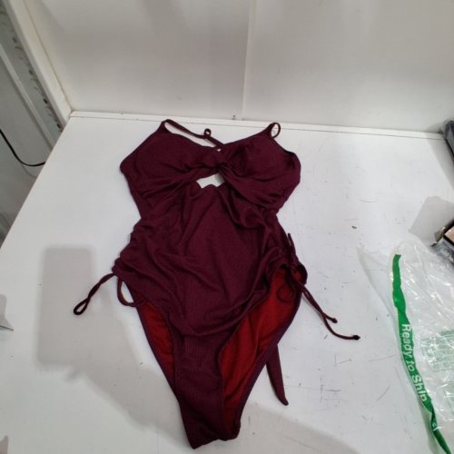 WOMEN'S RIBBED ONE PIECE SWIMSUIT WITH TUMMY CONTROL - LARGE - BURGUNDY image 2