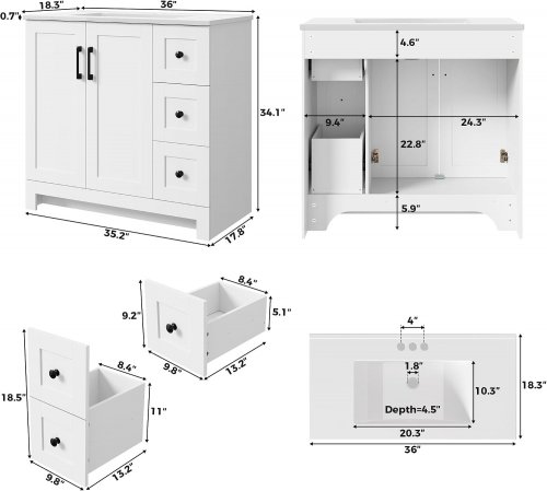 LIKIMIO WOODEN BATHROOM VANITY WITH SINK INCLUDED - 36" X 18" X 34" - WHITE - (MODEL: HK-KZXST-26) image 2