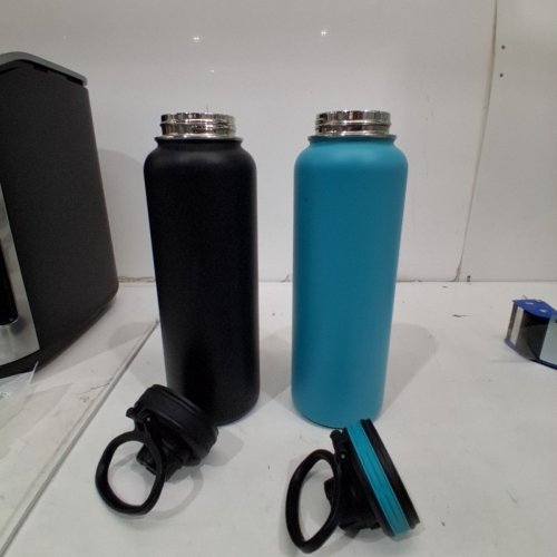 2PK THERMOFLASK WATER BOTTLES WITH LEAK PROOF SPOUT LID - 40OZ - BLACK / AQUA BLUE image 2