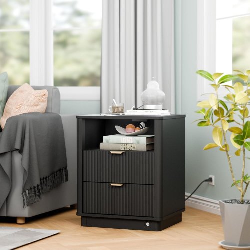 IRONCK 2-DRAWER WOOD END TABLE WITH CHARGING STATION - 29.7" X 18.7" X 12.4" - BLACK (MODEL: HK-CT-E29H) image 2