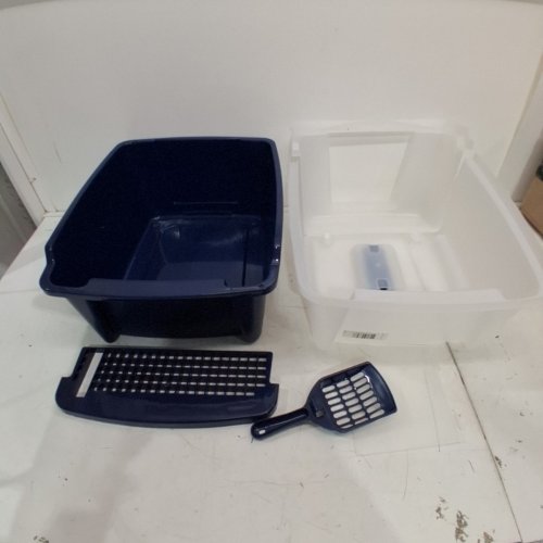 IRIS COVERED CAT LITTER BOX WITH SCOOP AND FRONT DOOR FLAP - 19" X 15" X 15" - WHITE/BLUE image 2