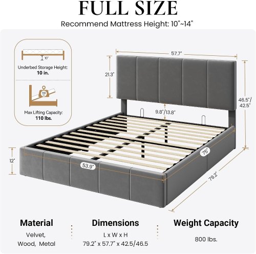 SHE CERLIN VELVET UPHOLSTERED LIFT UP STORAGE WOODEN PLATFORM BED FRAME WITH HEADBOARD - FULL - GREY - (MODEL: KKUU001) image 2