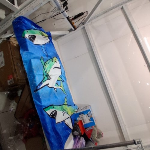 MAINSTAYS KIDS SHARK FRENZY KIDS TOWEL - BLUE, GREEN AND WHITE (STYLE: SHARK FRENZY) image 2