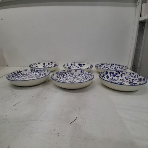 6PC TRUDEAU AYA COLLECTION PORCELAIN DINNER BOWL SET - 2 DESIGNS - WHITE & BLUE (MODEL: 1780121) image 3