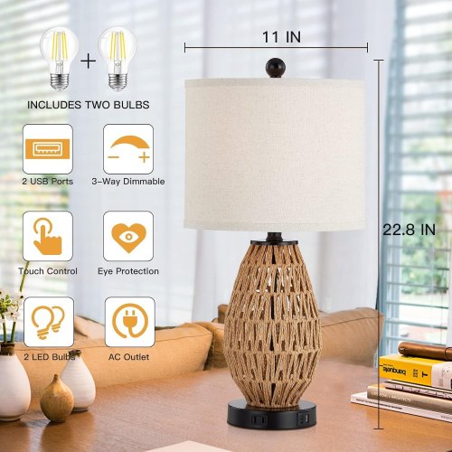 CINSARY TOUCH CONTROL RATTAN DESK/TABLE LAMP WITH DIMMABLE FUNCTION & USB PORTS (MODEL: TD-CS-59) image 2