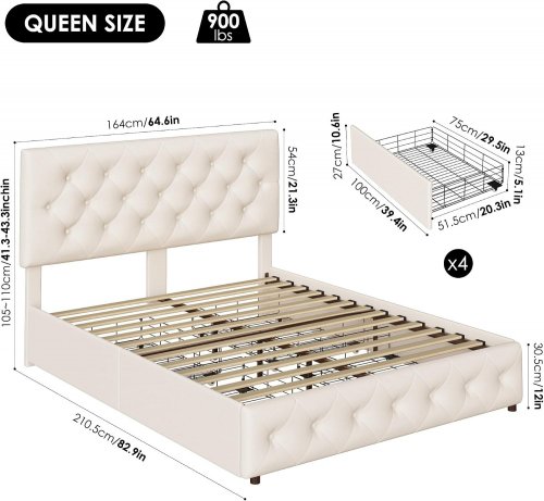 KEYLUV UPHOLSTERED PLATFORM BED FRAME WITH HEADBOARD AND 4 STORAGE DRAWERS - QUEEN - BEIGE - (MODEL: KLV-UP-100) image 2