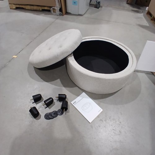COLAMY FABRIC ROUND STORAGE OTTOMAN WITH REVERSIBLE TRAY LID - 25" - LINEN (MODEL:VC-K311-CAM) image 4