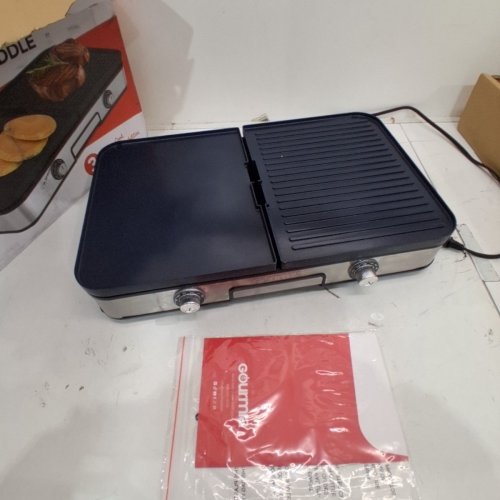 GOURMIA 3-IN-1 ELECTRIC GRILL / GRIDDLE WITH REMOVABLE NONSTICK REVERSIBLE CERAMIC PLATES - ADJUSTABLE 250-400°F DUAL COOKING ZONES - BLACK / BLUE (MODEL: GEG1430) image 3