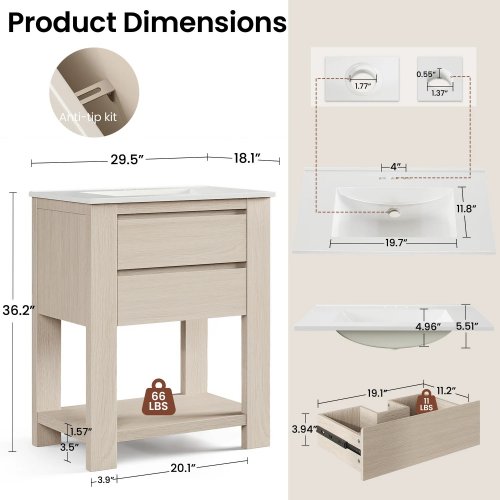 MODERN MATE NOLAN FREESTANDING VANITY WITH 2 DRAWERS AND INTEGRATED SINK - 30" - GREY OAK image 2