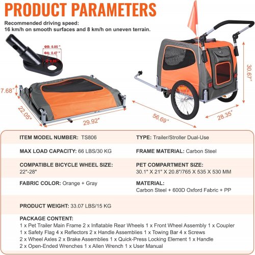 PET 2-IN-1 PUSH/TOW BIKE TRAILER - 66 LBS MAX - ORANGE/GREY image 2