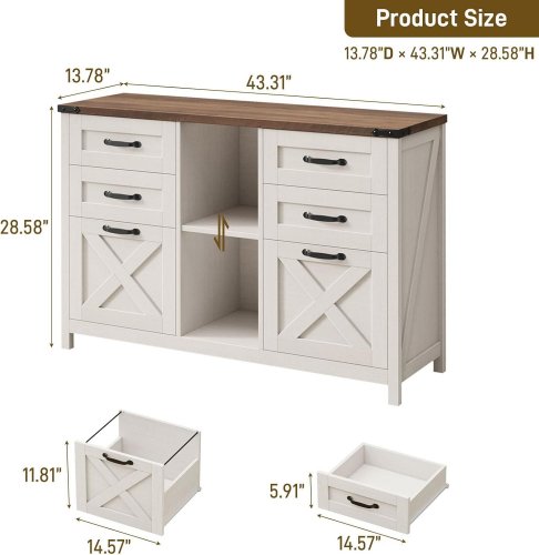 HALITAA FARMHOUSE LATERAL FILE CABINET WITH 6 DRAWERS - 43" - WHITE/BROWN TOP image 2