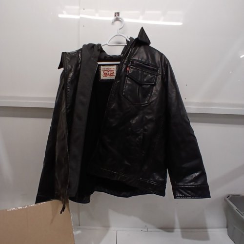 MEN'S LEVI STRAUSS LEATHER TRUCKER JACKET WITH HOODIE INSERT - 2XL - BLACK, GREY image 2