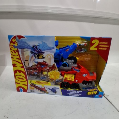 4PC HOT WHEELS CITY TOY CAR TRACK SET ULTIMATE DUAL DRAGON TRANSPORTER WITH 2 DIE-CAST CARS - FITS 20 CARS - (MODEL: JKJ79-9564) image 2