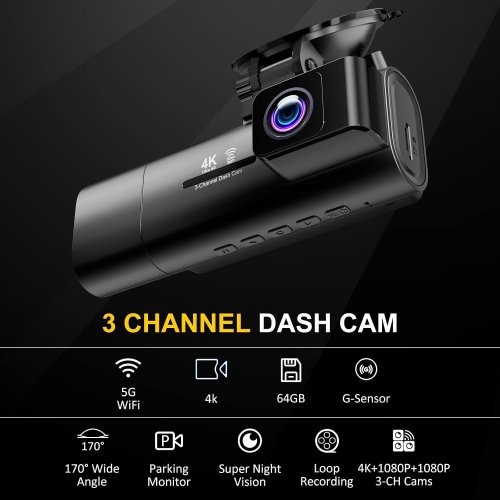 TOOXYZ 4 K 3 CHANNEL DASH CAMERA, FRONT REAR & INSIDE - 170° ANGLE - 64GB - BLACK image 2