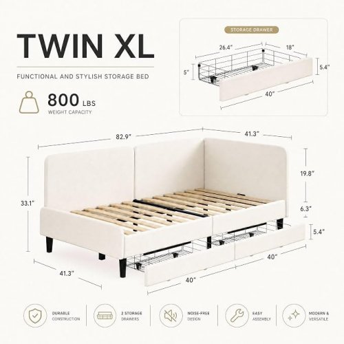 LIKIMIO DAYBED WITH 2 STORAGE DRAWERS AND CONVERSE HEADBOARD - TWIN XL - CREAM - (MODEL: HK-XTBF-034) image 2