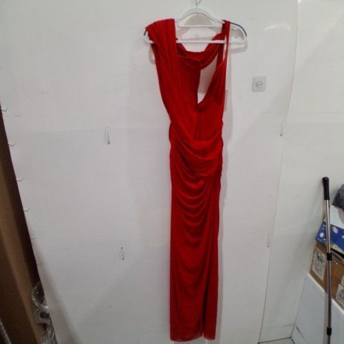 WOMEN'S DEME ADRIANA FLOOR LENGTH DRAPED DRESS WITH PLUNG NECKLINE AND OPEN BACK - LARGE - RED image 2