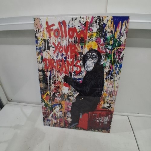 GRAFFITI WALL ART BANKSY CHIMPANZEE "FOLLOW YOUR DREAMS" CANVAS PRINT - 24" X 16" - MULTICOLOUR image 2