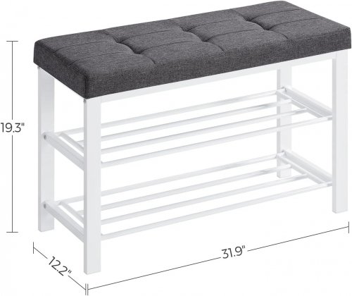 SONGMICS 3-TIER SHOE BENCH STORAGE RACK FOR ENTRYWAY - METAL FRAME WITH LINEN UPHOLSTERED CUSHION - WHITE / DARK GREY (MODEL:LBS057W01) image 2