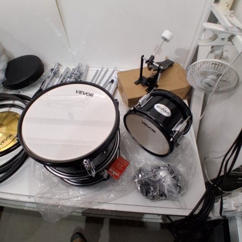 5PC KIDS BEGINNER FULL DRUM STARTER KIT WITH BASS DRUM & FOOT PEDAL, SNARE, TOM AND CYMBAL - BLACK/WHITE (MODEL: SH-002-BK) image 7
