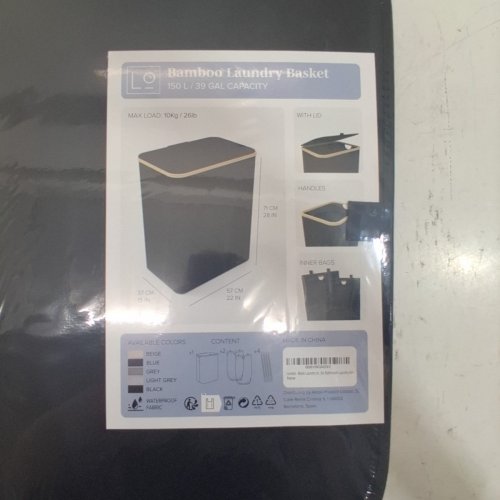 LONBET DOUBLE LAUNDRY HAMPER WITH LID & REMOVABLE BAGS - 150L CAPACITY - 28"X22"X15" - BLACK/BAMBOO image 2