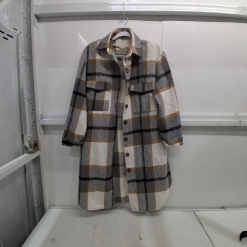 WOMEN'S FLANNEL PLAID SHIRT CASUAL LAPEL BUTTON DOWN LONG WINTER SHACKET - EXTRA SMALL - APRICOT KHAKI PLAID image 2