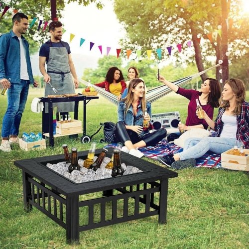 SQUARE OUTDOOR FIRE PIT TABLE W BBQ GRILL, SPARK SCREEN & ICE BUCKET - 32" - BLACK (MODEL: NP12086DK) image 2