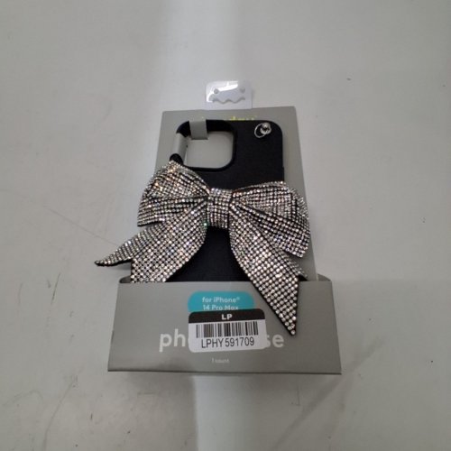 HEYDAY SOFT SHELL PHONE CASE WITH BOW EMBELLISHMENT FOR IPHONE 14 PRO MAX - BLACK/SILVER image 2