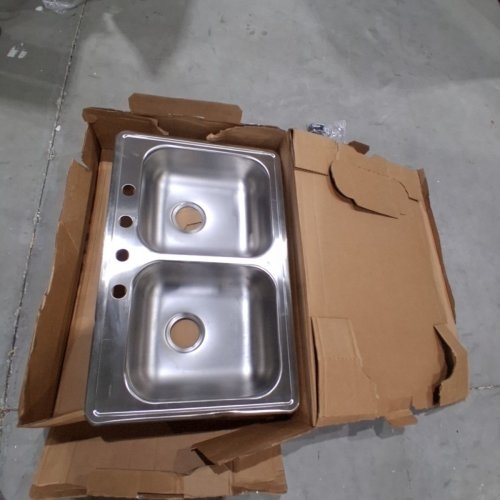ELKAY DAYTON STAINLESS STEEL DOUBLE BOWL FOUR HOLE KITCHEN SINK - 33" X 21" - SATIN FINISH (MODEL:GE233214) image 3