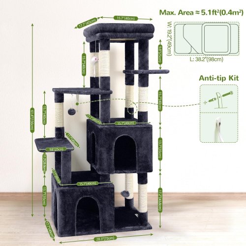 GLOBLAZER XXL INDOOR CAT TOWER WITH CONDOS, PERCHES, & SCRATCHING POSTS - 61" X 28" X 18" - DARK GREY - (MODEL: F61-DG) image 2