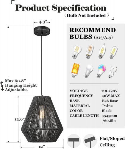 ELYONA MODERN COASTAL HANGING FABRIC WICKER PENDANT LIGHT - BLACK (ITEM: UP9169-B) image 2
