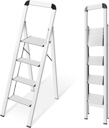 KINGRACK FOLDING 4-STEP STOOL LADDER - 330.7LBS MAX LOAD - SILVER (ITEM: WK3003-4E2-SILVER) image 2