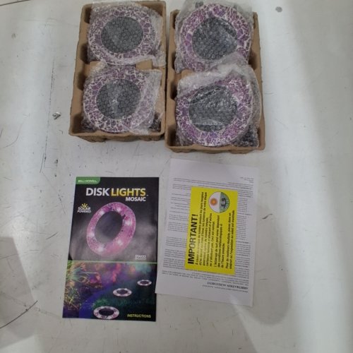4PK BELL + HOWELL SOLAR POWERED LED MOSAIC PATHWAY DISK LIGHTS, WITH AUTO ON/OFF - PURPLE image 2