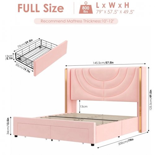 HOMFA SOFT UPHOLSTERED BED FRAME WITH WINGBACK LED HEADBOARD & STORAGE DRAWERS - FULL - PINK - (MODEL: HOS-UP-184) image 2