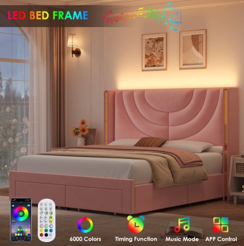 HOMFA SOFT UPHOLSTERED BED FRAME WITH WINGBACK LED HEADBOARD & STORAGE DRAWERS - FULL - PINK - (MODEL: HOS-UP-184) image 3