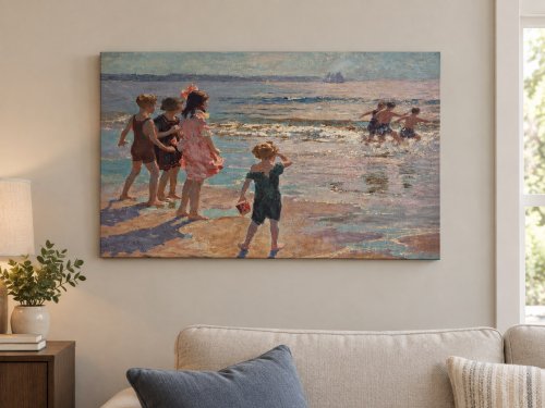 CHILDREN AT THE SHORE CANVAS WALL ART - 48" X 33.5" - MULTICOLOUR image 2