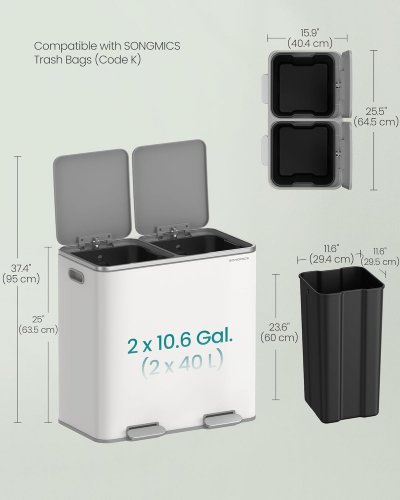 SONGMICS DUAL COMPARTMENT TRASH CAN WITH PLASTIC INNER BUCKETS/ HINGED LIDS & 15 TRASH BAGS - 2 X 40 L BINS - WHITE / GREY (MODEL: ULTB730B80) image 2